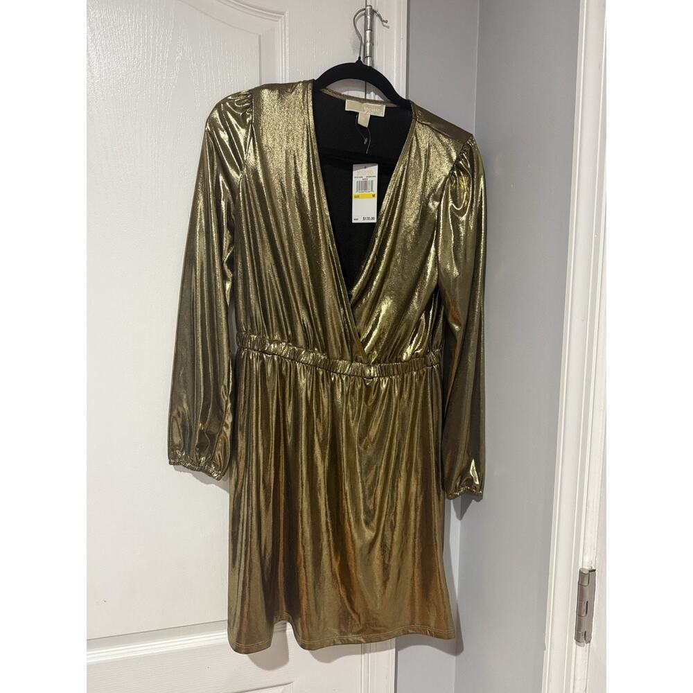 NWT Michael Kors Metallic Gold V-Neck Long Sleeve Knee Length Dress Size M